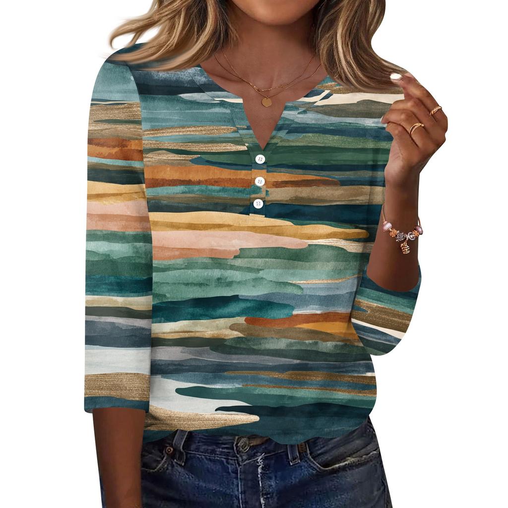 Women's T Shirt Print Button 3/4 Sleeve Daily Weekend Fashion Basic V- Neck Regular Top