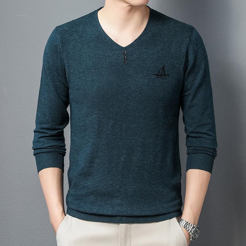 New Spring and Autumn Long-sleeved V-neck Sweaters for Young and Middle-aged Men, Slim and Handsome Bottoming Shirts