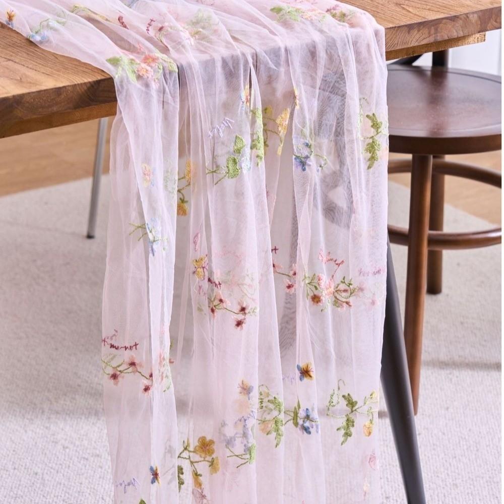 French Vintage Embroidered Floral Table Runner Romantic Fresh Color Lace Table Flag Semi-Transparent Wrinkled Table Runner