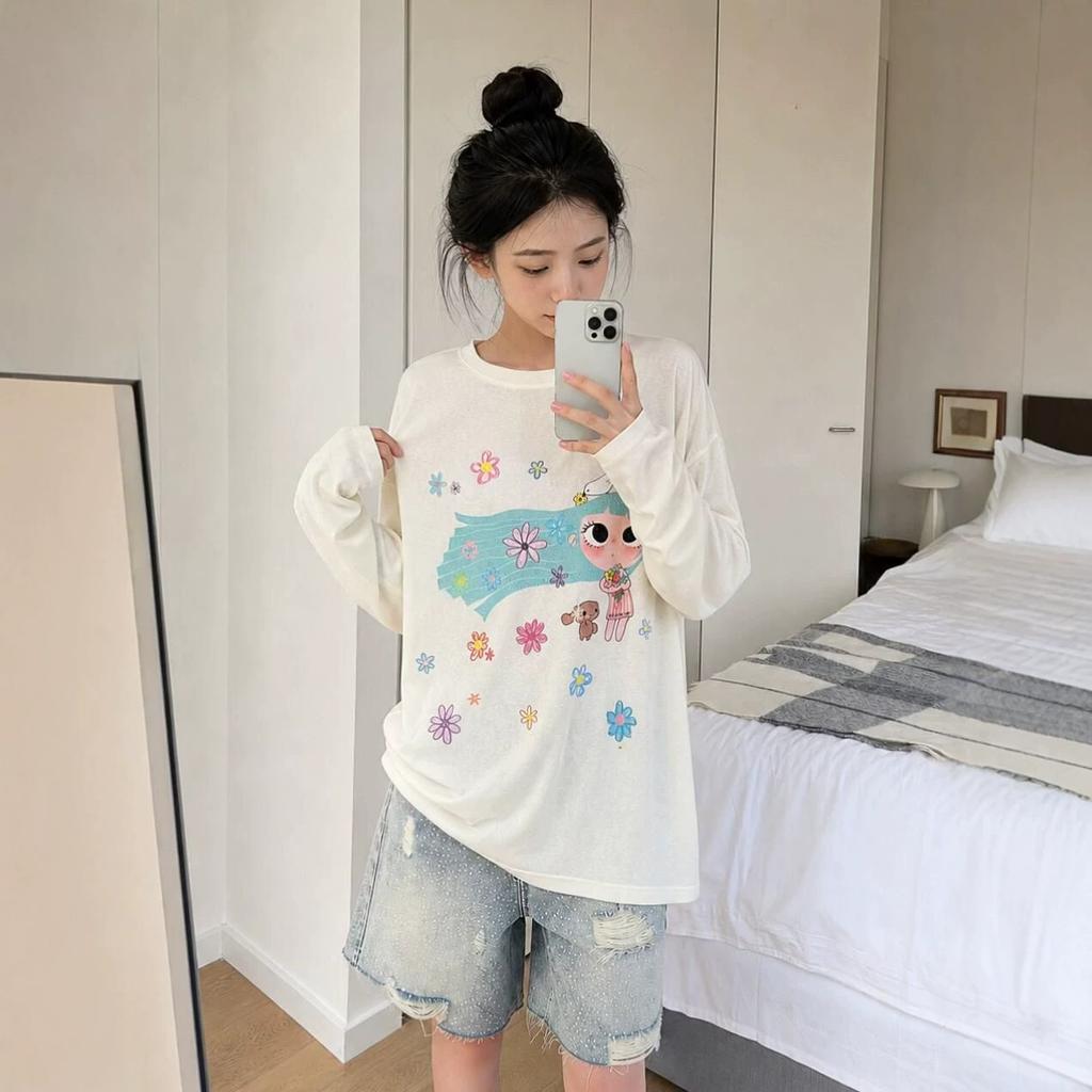 Lazy feeling loose versatile casual sweet printed long-sleeved t-shirt women's summer thin micro-transparent sunscreen blouse top