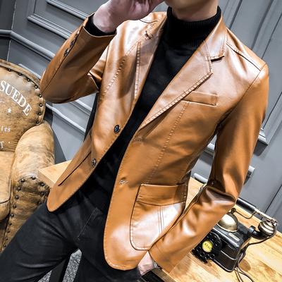 Herbst Neue Herren Lederjacke Anzug Freizeitjacke Koreanische Version Schmal geschnittene Revers Lederanzug Lederjacke