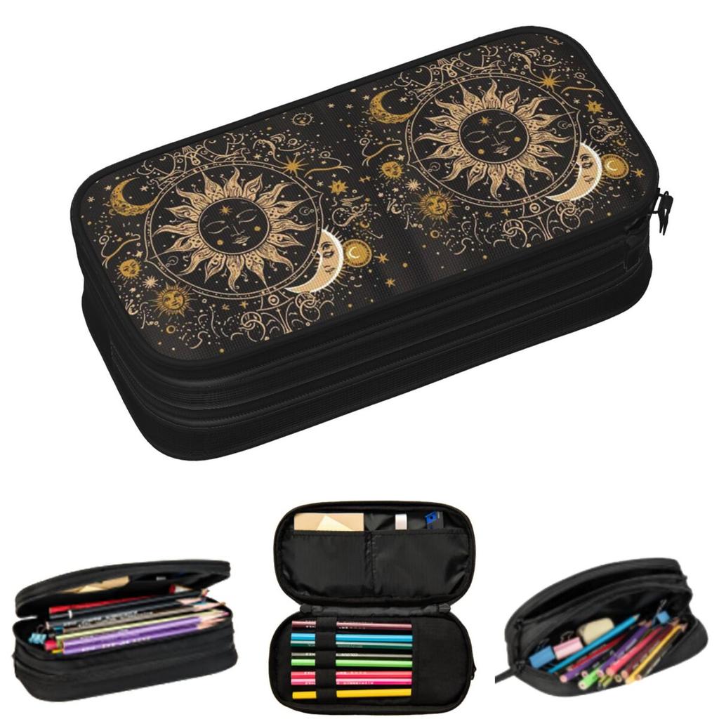Boho Golden Crescent Moon And Sun Witch Pencil Cases for Student Gifts Pen Box Pencil Bag Large Capacity Pencil Pouch