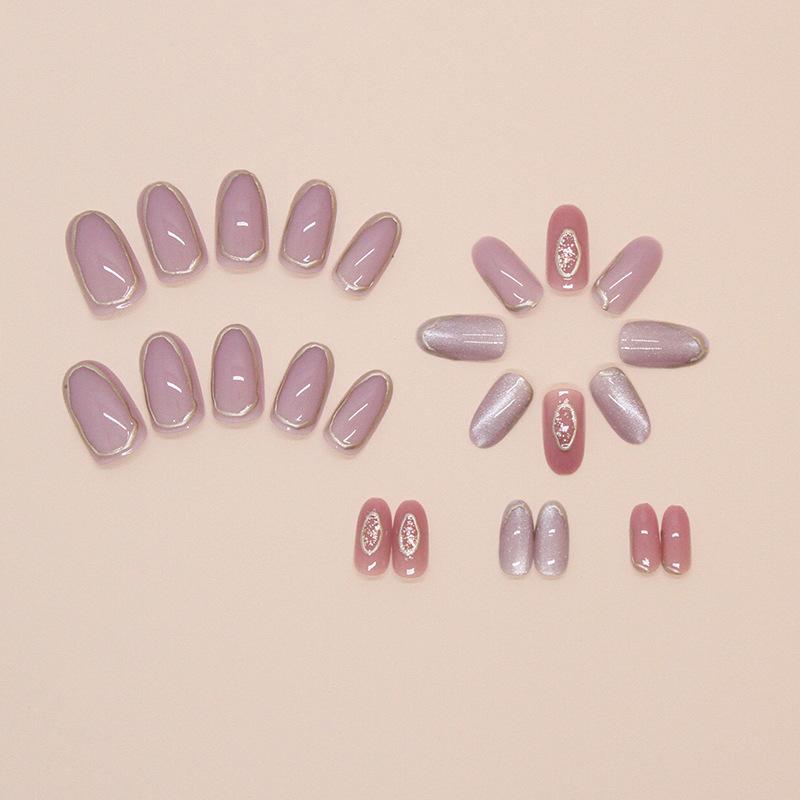 Fake Nails Cat's Eye Wearing Nail Lilac Removable Tablets Simple Gold Nail Patches 24 Tablets