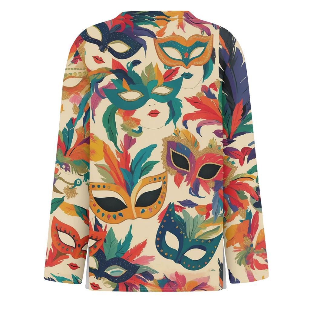 Women's Fashionable Casual Neck Long Sleeve Hem Split Carnival Print T-Shirt Top