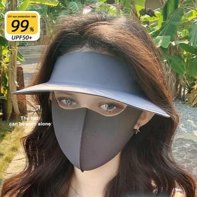 Women Hat with Face Guard Shawl Sun-Proof Breathable Solid Color Design Sun Hat Elastic Large Head Circumference Empty Top Hat
