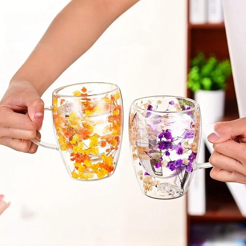 Double-layer Dried Flower Glass Cup High Temperature Resistant Coffee Cup with Handle Dried Flower Decorative Milk Breakfast Cup
