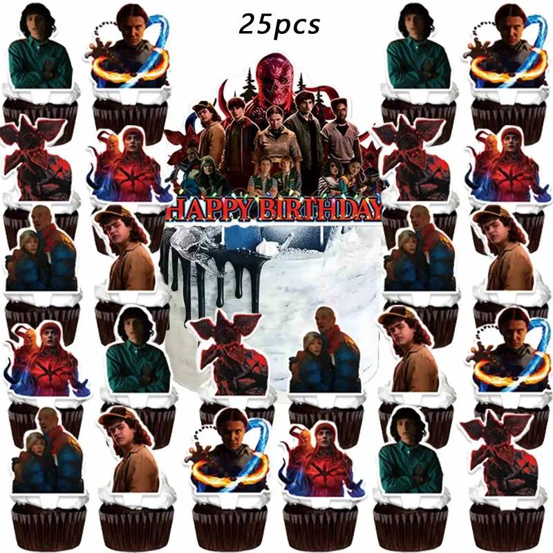 

25pcs Stranger Things 5 Cake Topper Glitter Pink Happy Birthday Cake Decor Party Supplies for Kids Birthday Baby Shower Decorati