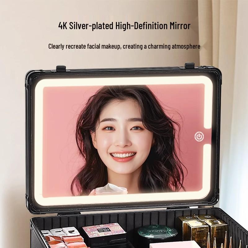Portable Makeup Case with Mirror & Lights, Handheld Cosmetic Storage, Professional Makeup Artist's Hanging Suitcase.