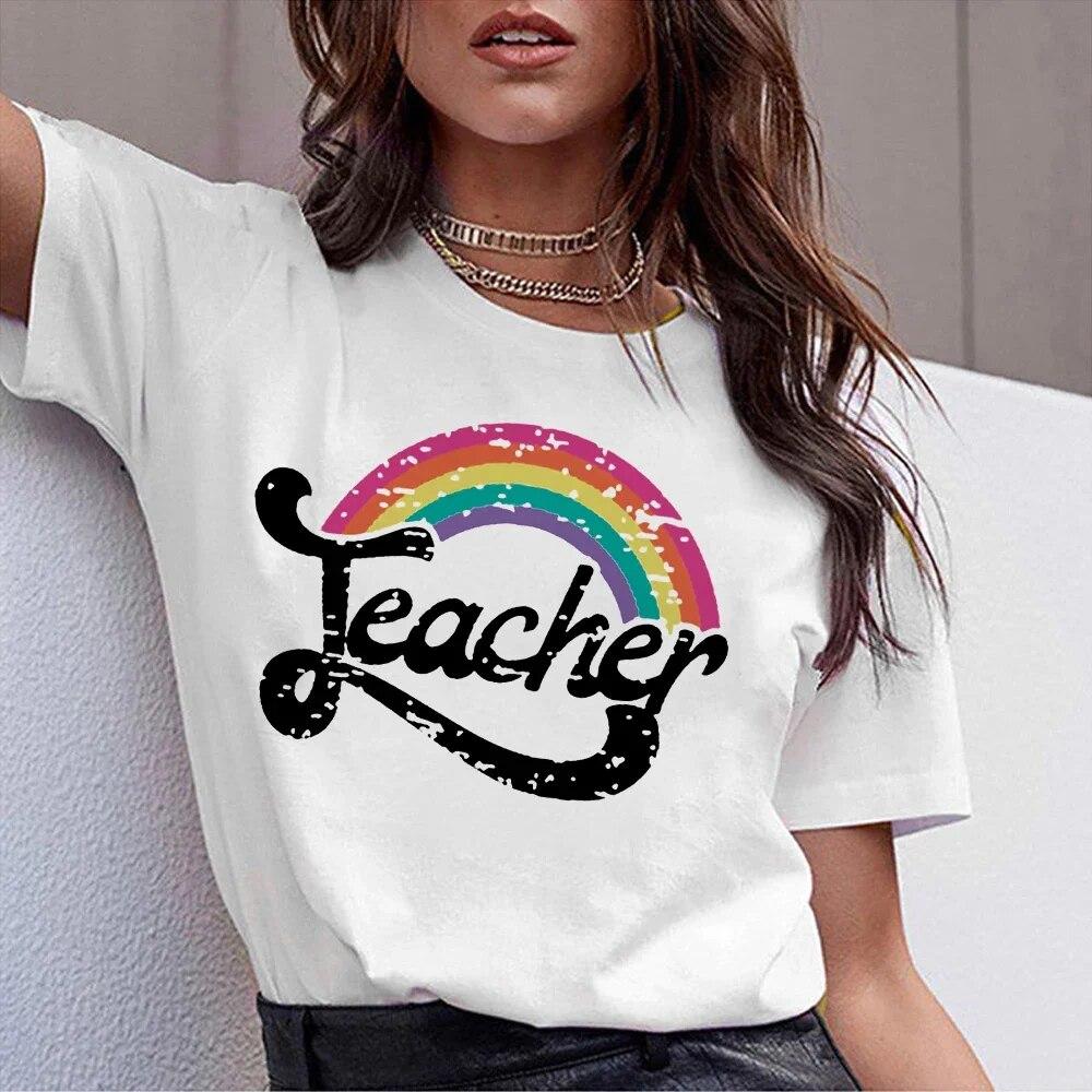 T Shirt For Women 2024 Printed Rainbow Teacher Casual Gift Harajuku Tee Shirts Lady Summer Short Sleeve Tops FeUnisex Unisex Tshirt