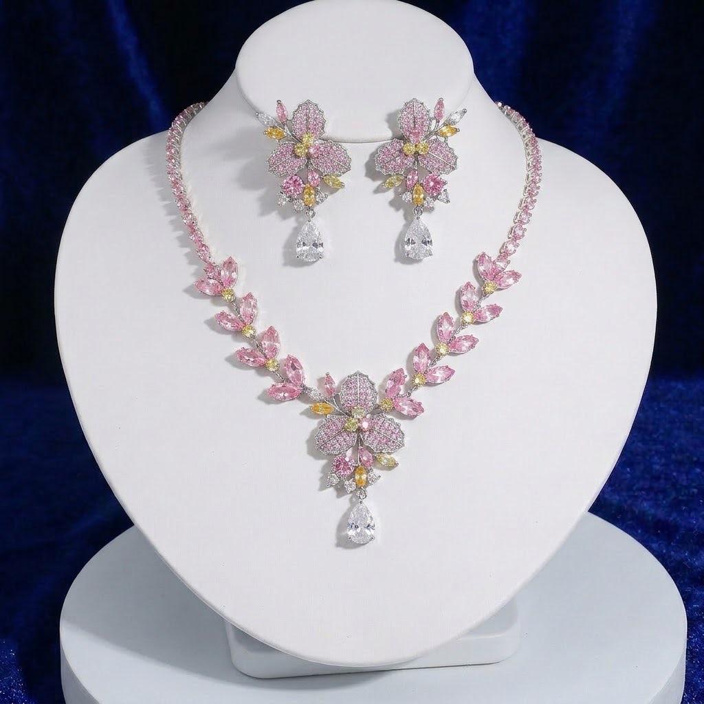 European & American Style Zircon Clover Jewelry Set: Trendy Necklace, Earrings & Collarbone Chain
