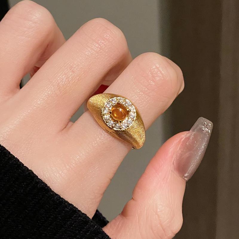 Flower Antique Vintage Brushed Tiger'S Eye Stone Open Ring Niche Retro High-End Accessories Women