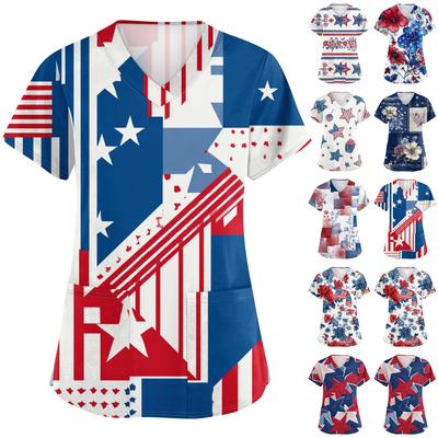 Women's Fashionable V-Neck Short-Sleeved Work Top With Pockets And Independence Day Print  Uniform