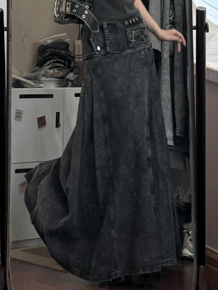 Damen A-Linien-Denim-Faltenrock Vintage 90er Jahre Ästhetik Y2k Langer Jeansrock Harajuku Koreanische Cowboyröcke Kleidung Sommer