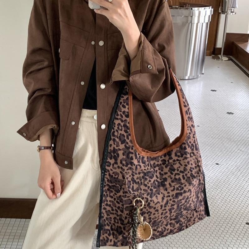 New leopard print lazy wind canvas bag women's large-capacity commuting shoulder handbag casual versatile tote bag