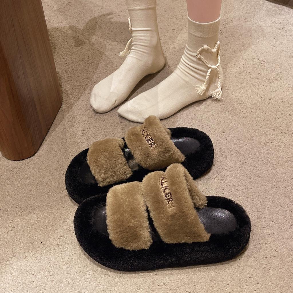 2024 English Autumn and Winter New Internet Celebrity Ins Fashion Versatile Fluffy Slippers Women Wear One Word Slippers Thick Bottom