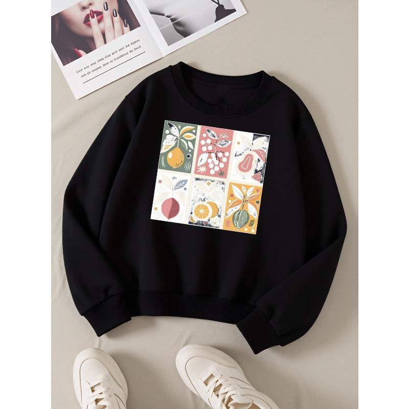Girls' Long-Sleeve Casual Crewneck Sweatshirt | Fruit Plant Pattern Art Design, Colorful Style