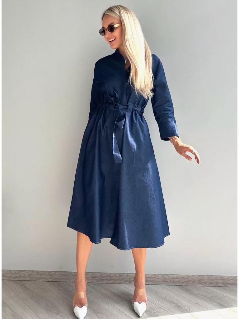 Seven-Sleeve Stretch Denim Maxi Dress with Stand-Up Collar and Hidden Buttons - Autumn 2025 Women's Wear
