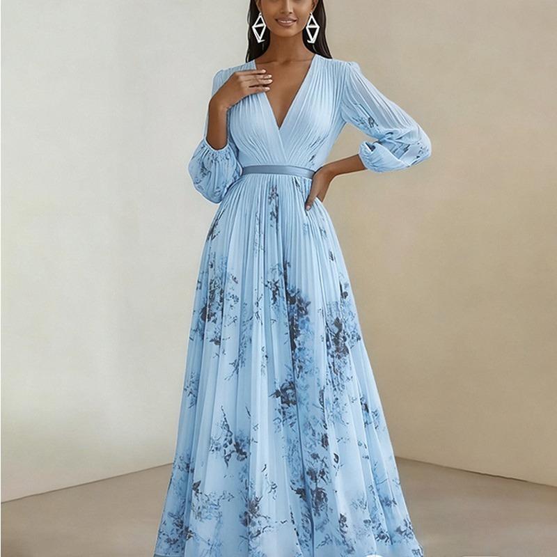 Women S Elegant Printed V Neck Pleated Long Sleeve A Line Dress Summer Slim Fit