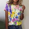 Fashions Women's Clothing Crushed Flower O-Neck Loose Short Sleeve T-Shirt Coloured Print Tops Ventilate Tshirts Streetwear