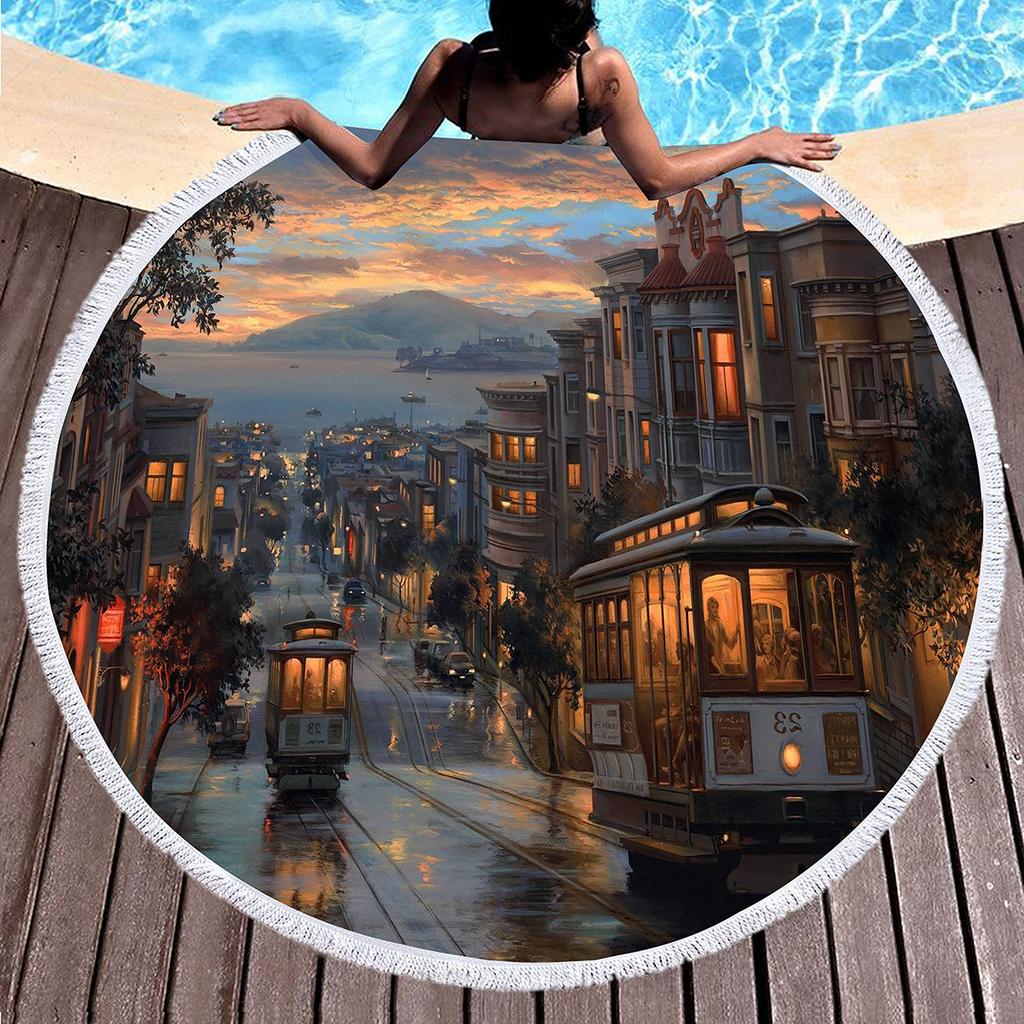 Landscape Art Oil Painting Round Beach Blanket Water Absorbent And Quick Drying Polyester Beach Towel Pool Towel Picnic Blanket