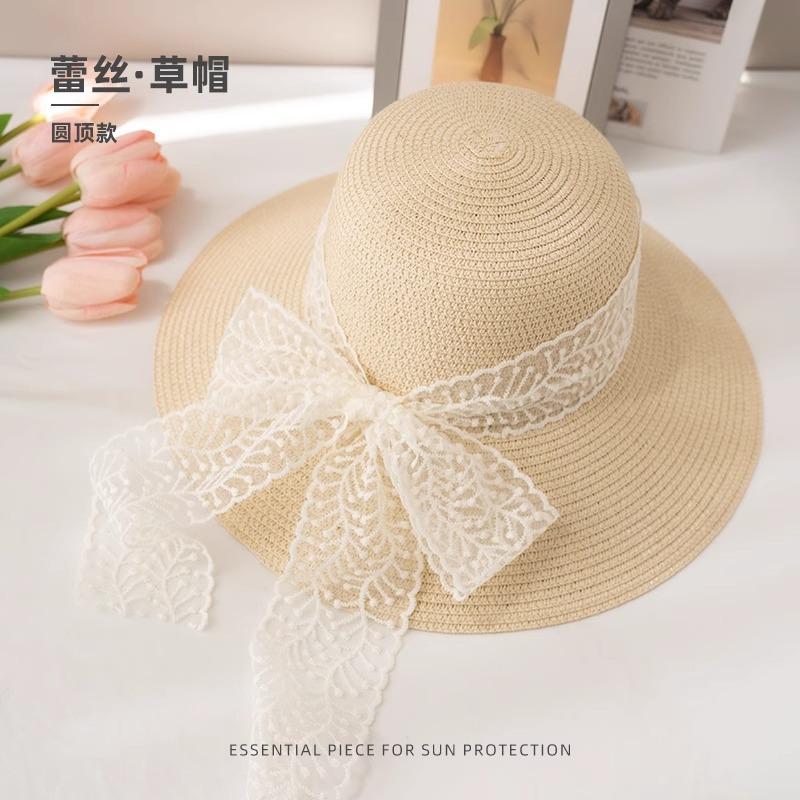 Lace Bow Straw Hat Women's Summer French Large Brim Sunscreen Hat Seaside Beach Vacation Sun Hat