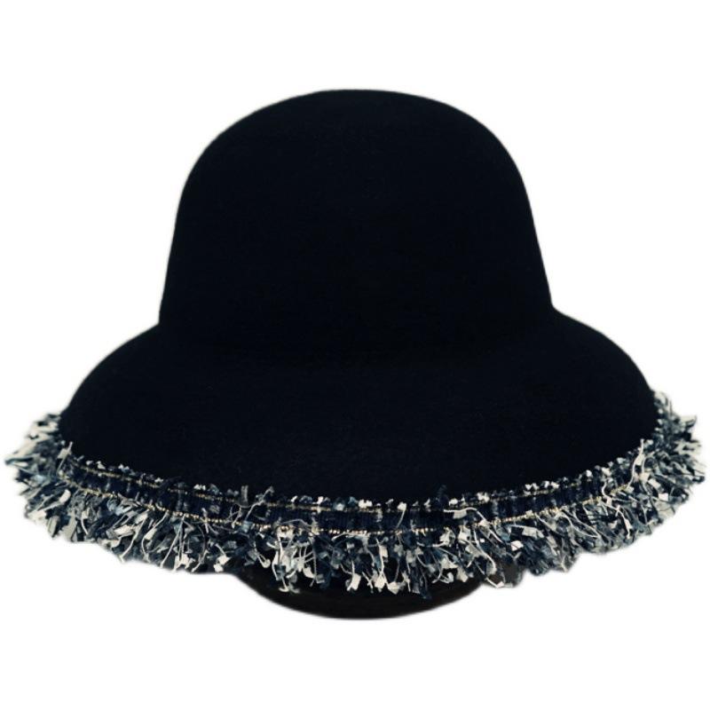 French Elegant Retro Rough Edge Black Woolen Bell-Shaped Basin Hat Female British Versatile Foreign Trade Felt Fisherman Top Hat