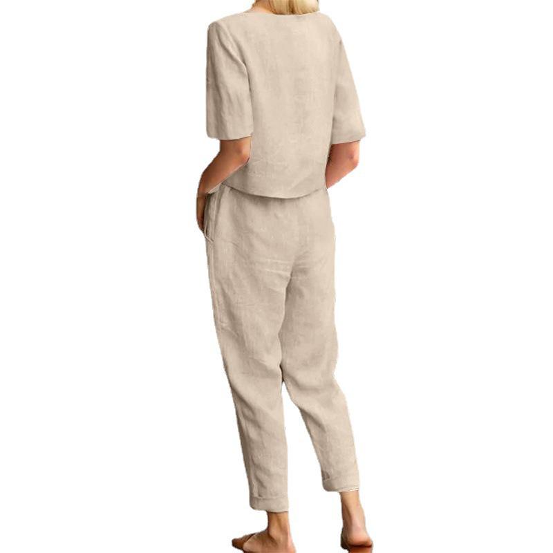 Women's Vintage Cotton & Linen Summer Set: Oversized O-neck Top with Short Sleeves and Wide-leg Pants.