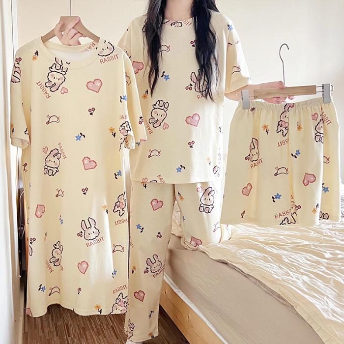 Women's Summer Cotton-Feel Short-Sleeve Nightdress & Pajama Set