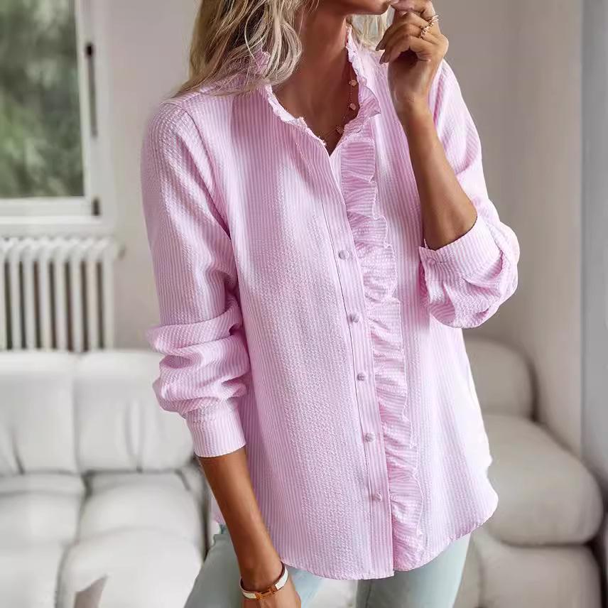 Moda Europejska i Amerykańska 2023 Damska Koszula z Bąbelkowym Paskiem, Falbaną, Stójką i Długim Rękawem