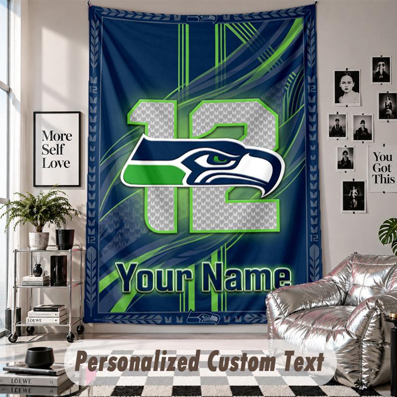 Wall Hanging Tapestry With Custom Name & Text, Seattle Seahawks Decorative Tapestry For Bedroom