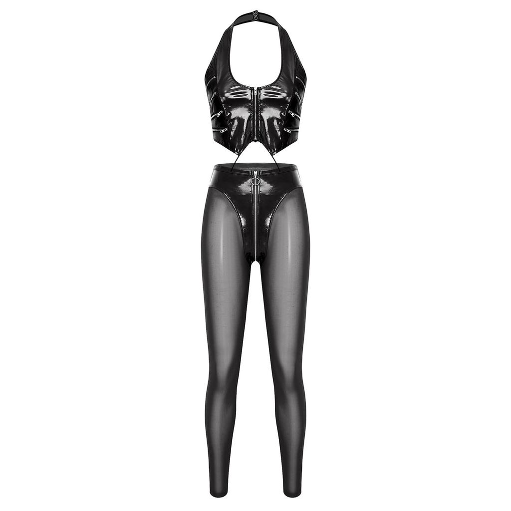 Women Glossy PU Leather Outfit Halter Crop Top Back Lace Up Multi Zip High Waist Leggings Y2k Clubwear