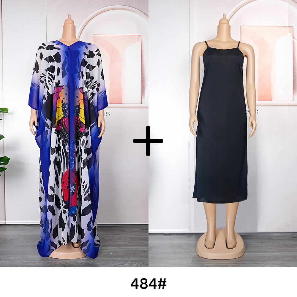 

African Women s Plus Size Chiffon Print Beach Dress and Robe Set One Size синій