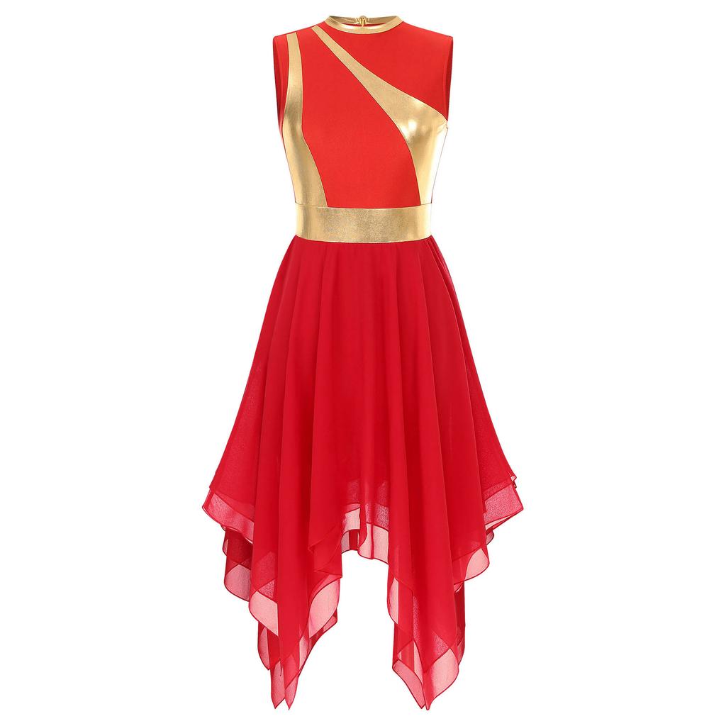 Womens Modern Lyrical Dance Costume Color Block Patchwork Sleeveless Irregular Hem Dress Dancewear