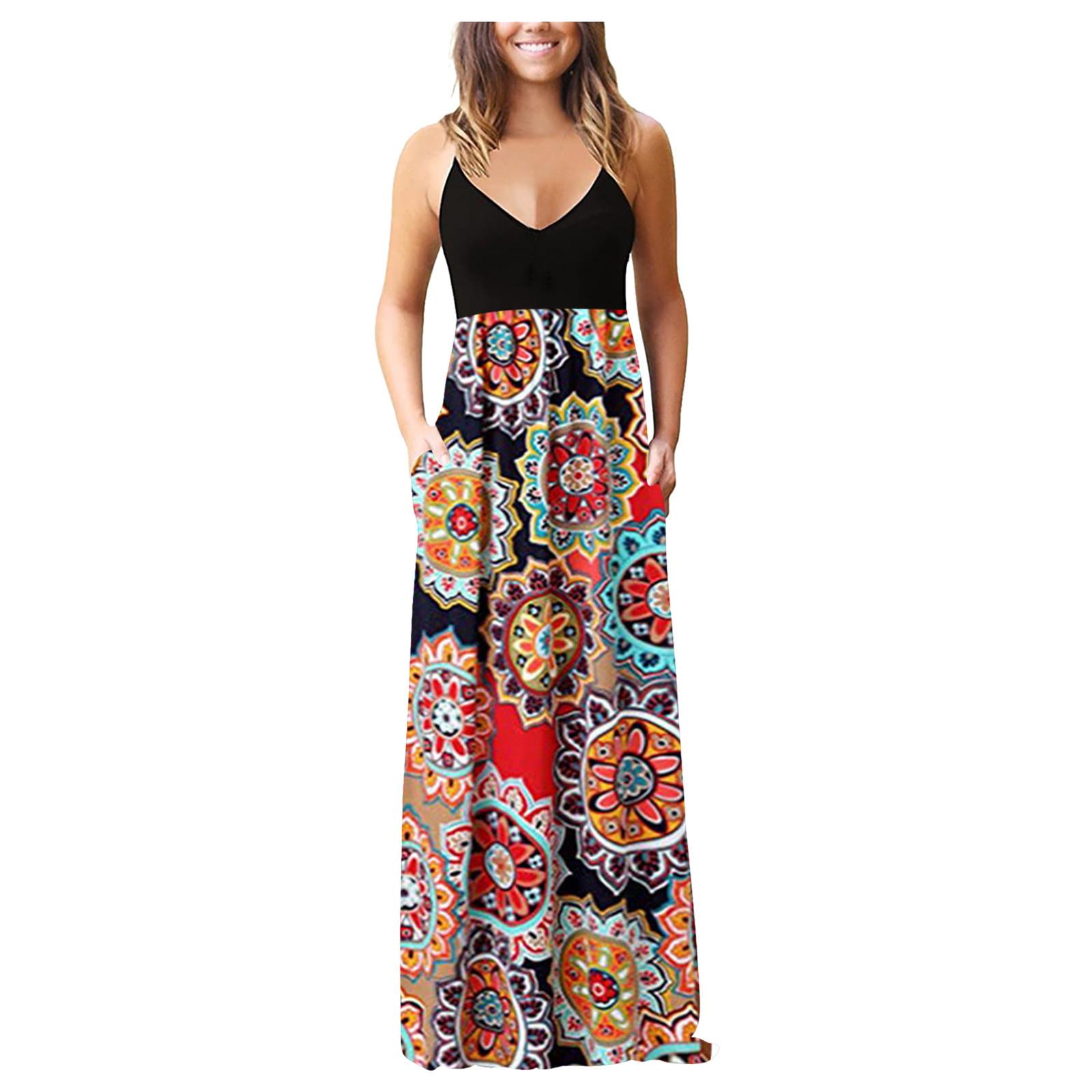 

Женское платье макси без рукавов с принтом, V-образным вырезом, летнее платье-комбинация для вечеринки с карманами XL красный