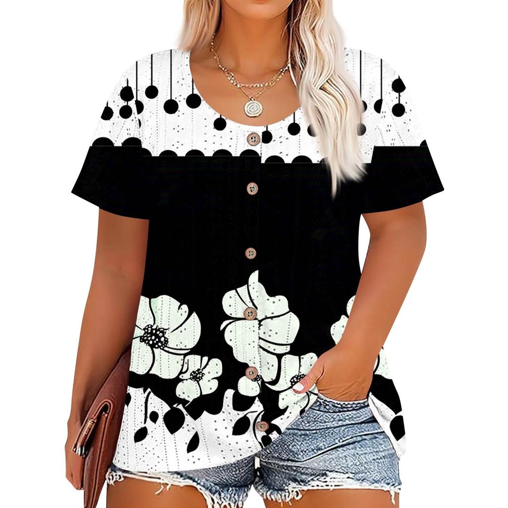 Plus Size Women's Fashion Casual Vintage Printed O-Neck Short Sleeve Button T-Shirt Top