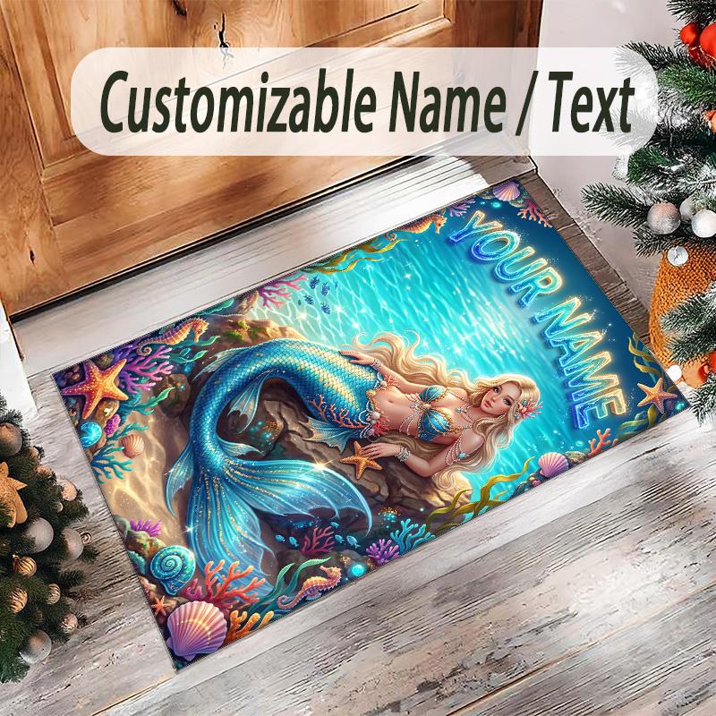 Mermaid Theme Crystal Velvet Floor Rug Personalized Custom Name Text Warm Carpet Home Decoration