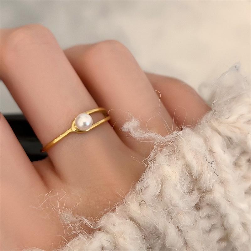Geometric Pearl & Titanium Steel Hollow Ring for Women