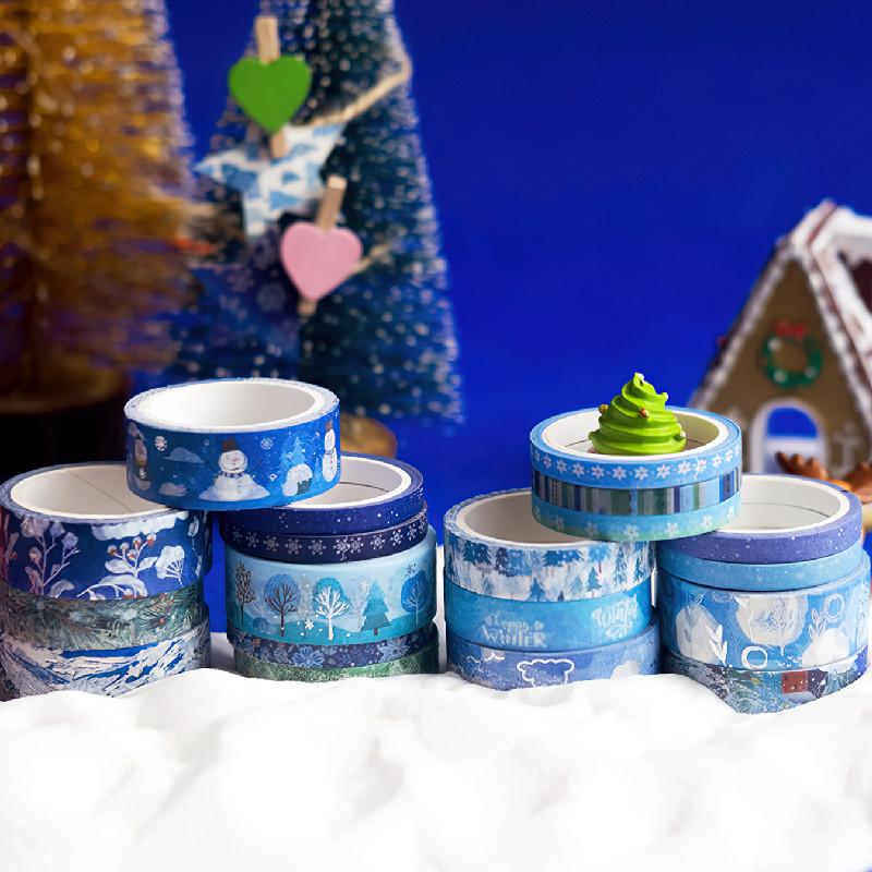 19pcs Winter Forest Washi Tapes Set 15mm*5m Blue Snow Gift Paper Adhesive Masking Tape Decoration Stickers