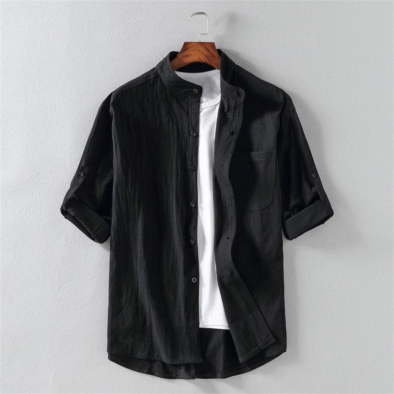 Summer Men Fashion Trendy Cotton Linen Five-Point Sleeve Shirt Casual Loose Solid Color Thin Breathable Top 3Xl
