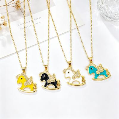 Gold Plated Cute Enamel Rocking Horse Pendant Necklace Zircon Winged Unicorn Necklace For Women Kids Party Birthday Jewelry Gift