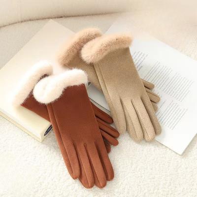 Winter Female Cashmere Warm Suede Leather Cycling Mittens Double Thick Velvet Plush Wrist Women Touch Screen Driving Gloves