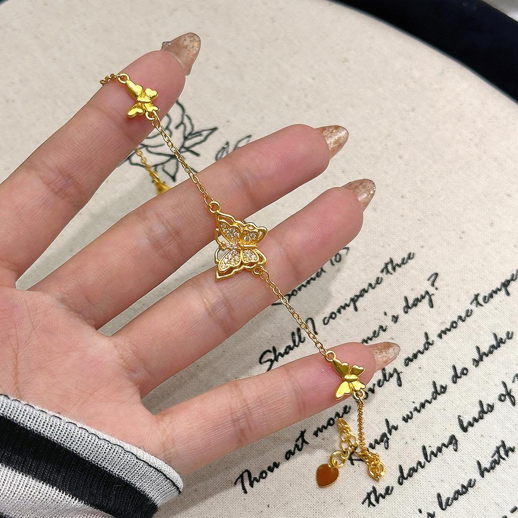 Vietnamese ancient sand gold niche exquisite bracelet micro-inlaid three butterfly hollow bracelet