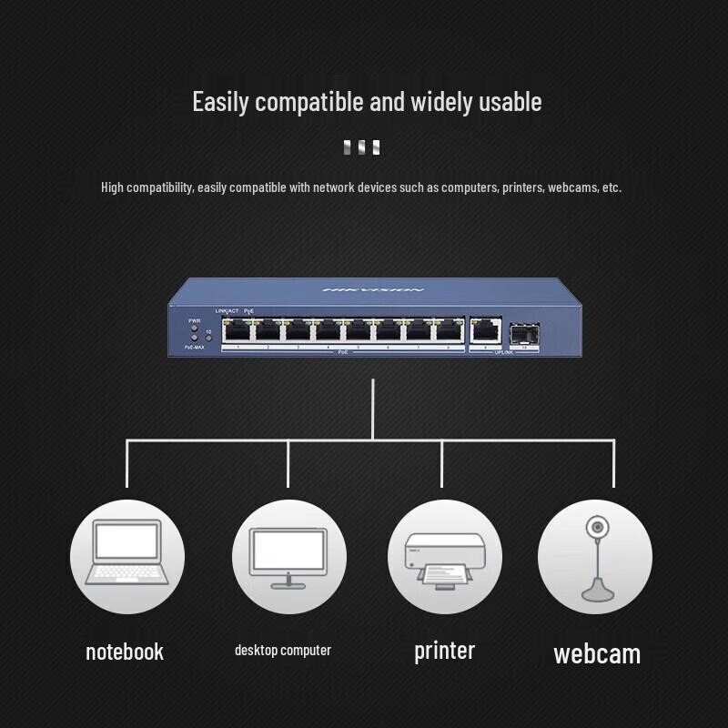 Hikvision 8-Port PoE 10-Port Full Gigabit Network Switch CN Plug (adapter Included)
