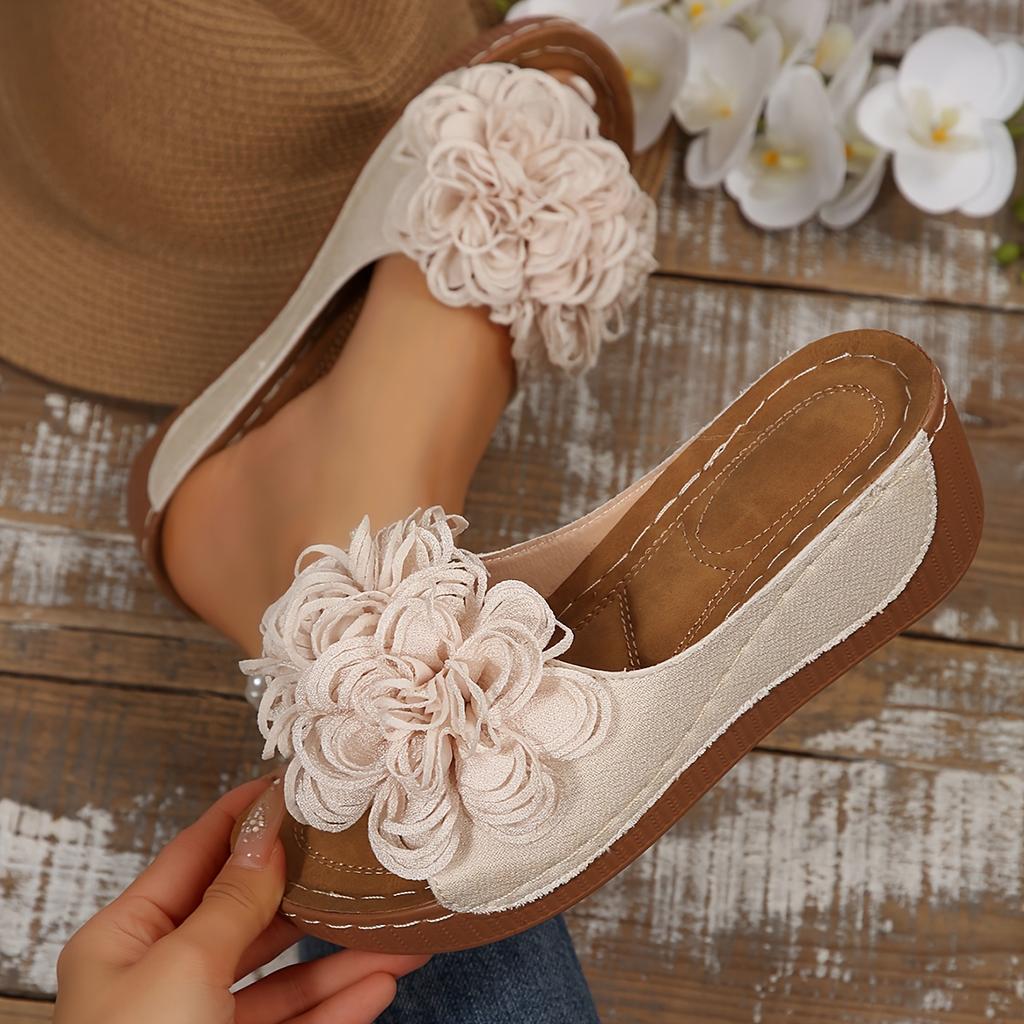 Elegant Wedge Sandals for Women Classic Style with Large Floral Decorations Suitable for Formal Occasions and Slip-on Design with Strappy Back