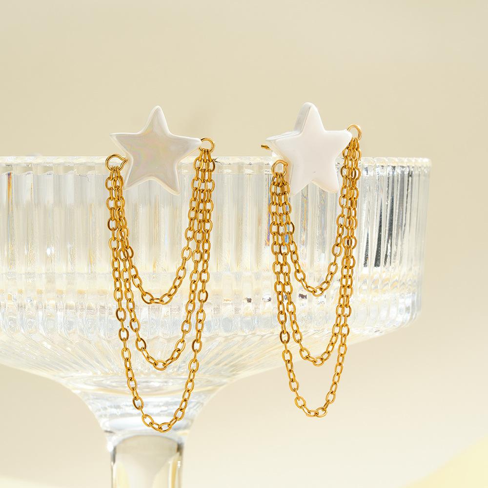 Fashion White Star Stainless Steel Tassel Chain Drop Earrings for Women 18K Gold Color Waterproof Dangle Jewelry Party Gifts