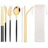 8Pcs/Set Portable Stainless Steel Dinnerware Set Travel Camping Spoon Fork Knife Chopsticks Straws Brush Tableware Flatware Set with Storage Bag