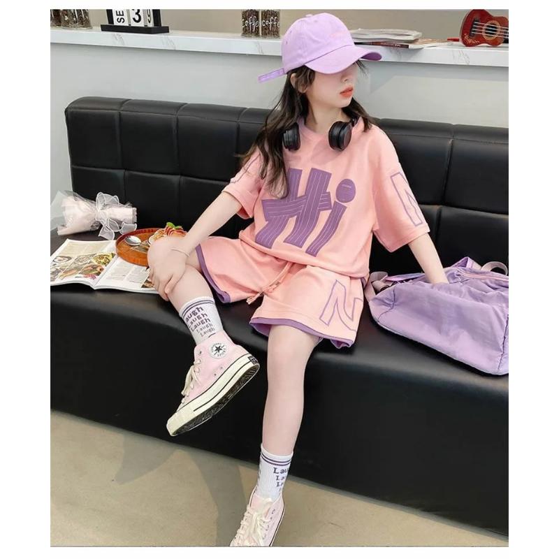 Girls Loose T-Shirts Sets Summer New Kids Short Sleeve Tops+Shorts 2Pcs Teen Letter Print Suits Children Clothes Casual Outfits