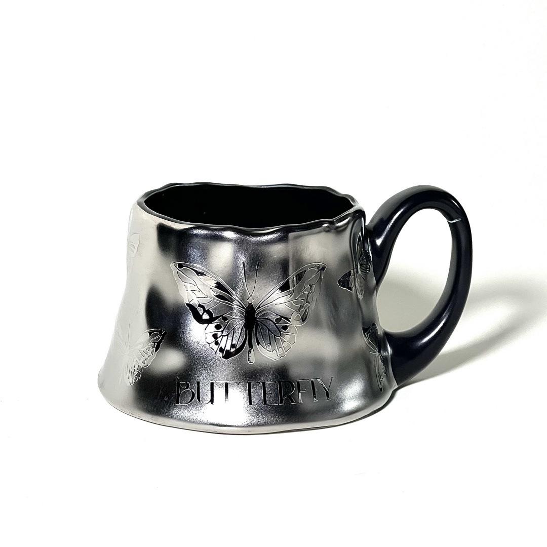 

Volcano Shaping Mug Dark Silver Butterfly Ceramic Mug Environmentally Friendly Titanium Plated 300ml срібний