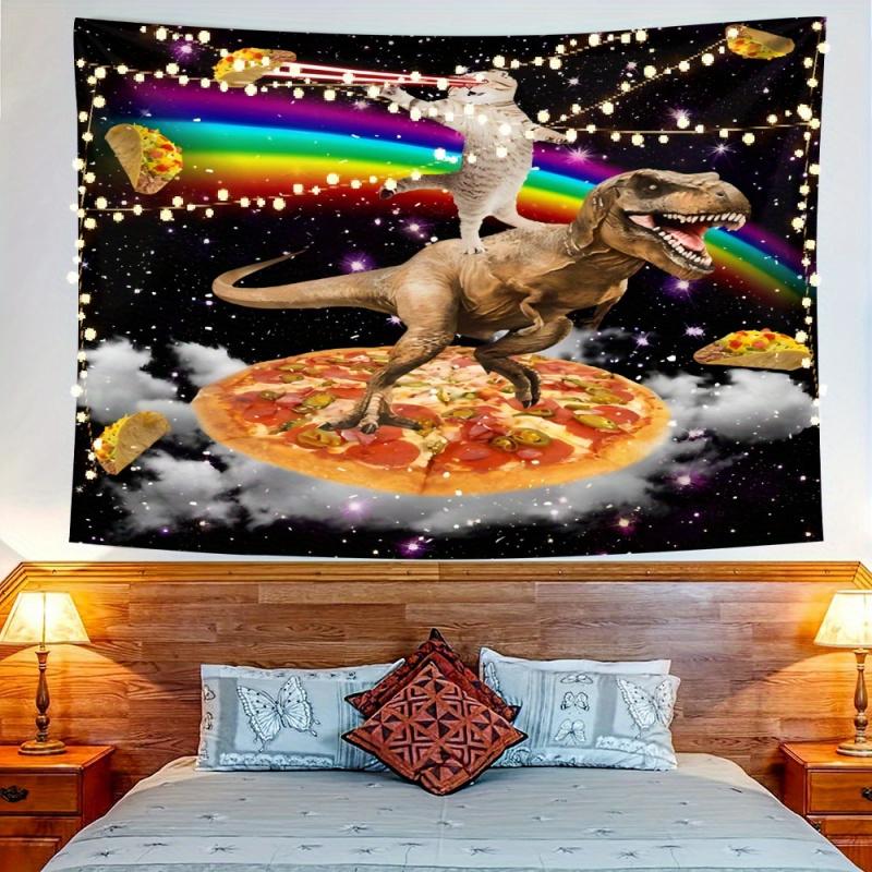 VIKAMA Regenbogen Weltraumkatze reitet auf Dinosaurier Lustiger Wandteppich Spaß Pizzaturm Atmosphäre Dekoration Raumdekoration Heimdekoration