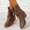 Botas femininas vintage marrom cowboy ocidental outono inverno borla couro pu botas de tornozelo senhoras plissadas salto alto bota de cano médio